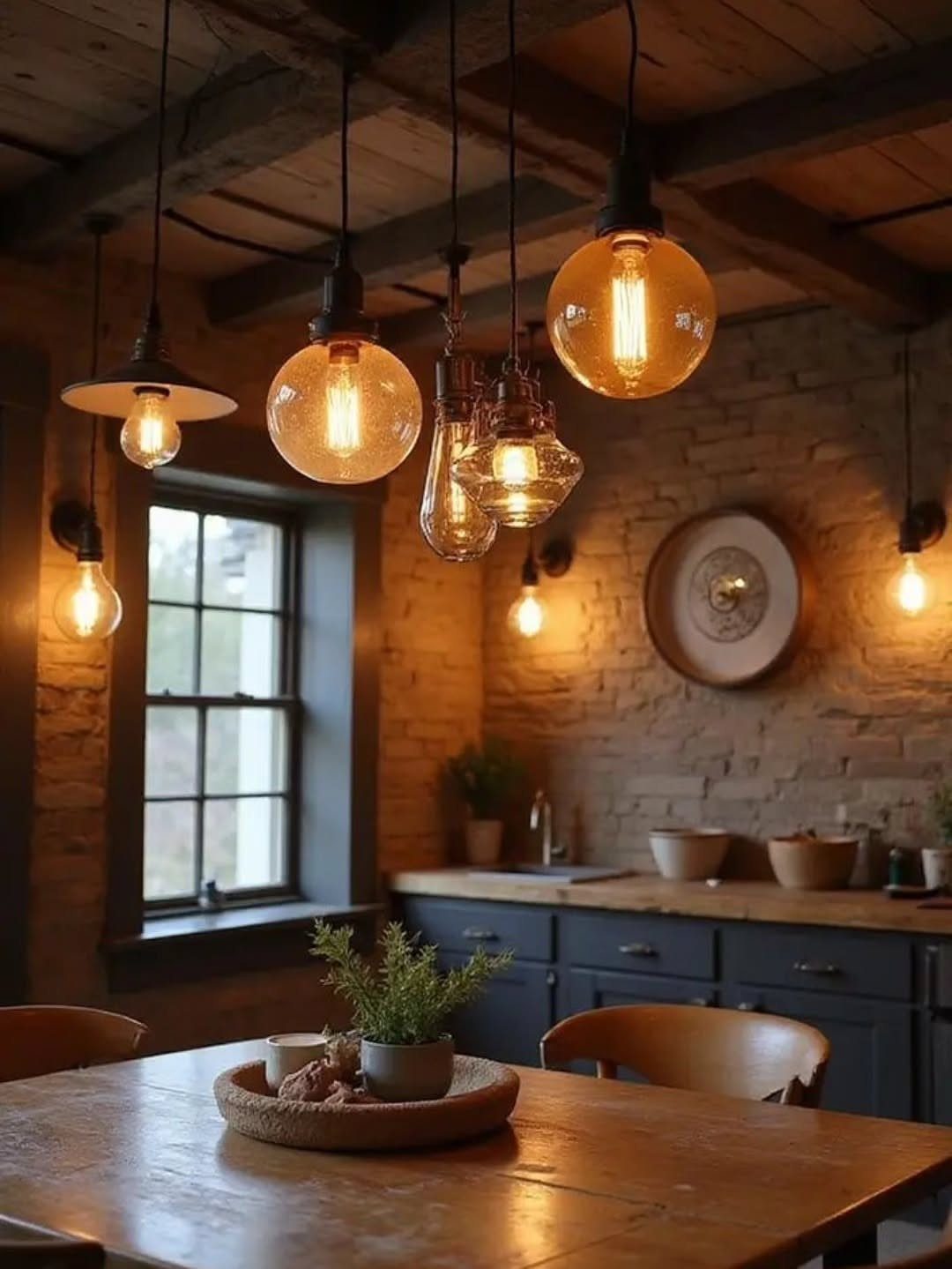 Vintage-style pendant lights with glowing Edison bulbs hanging in a rustic kitchen with brick walls.
