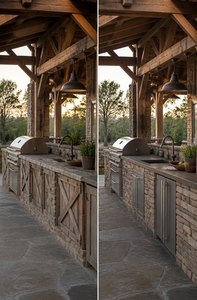 Outdoor kitchen featuring reclaimed barnwood and natural stone surfaces.