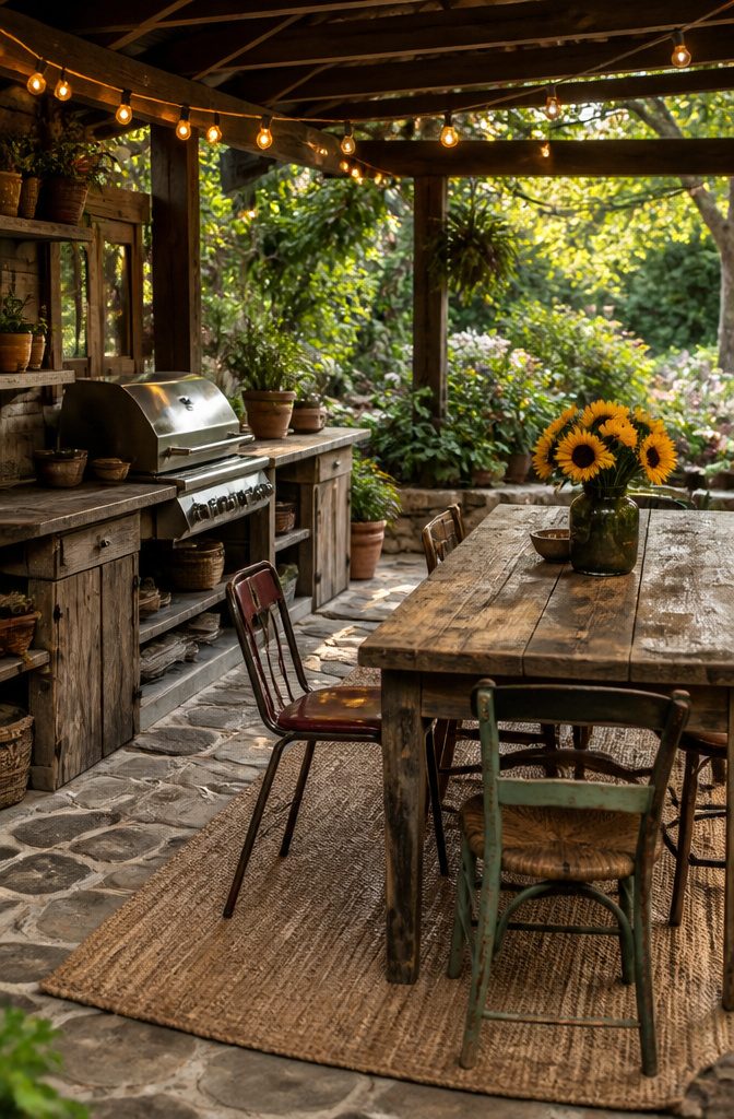 Bohemian rustic outdoor kitchen with reclaimed wood counters and eclectic chairs.