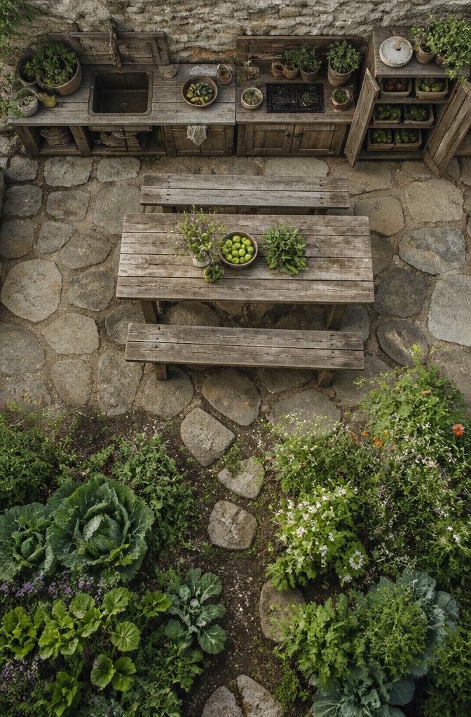 Homestead outdoor kitchen with built-in preserved food storage.