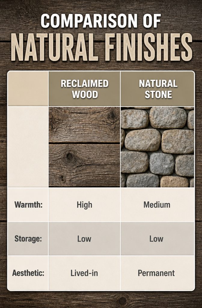 Comparison of natural finishes: reclaimed wood, natural stone, and aged brick.