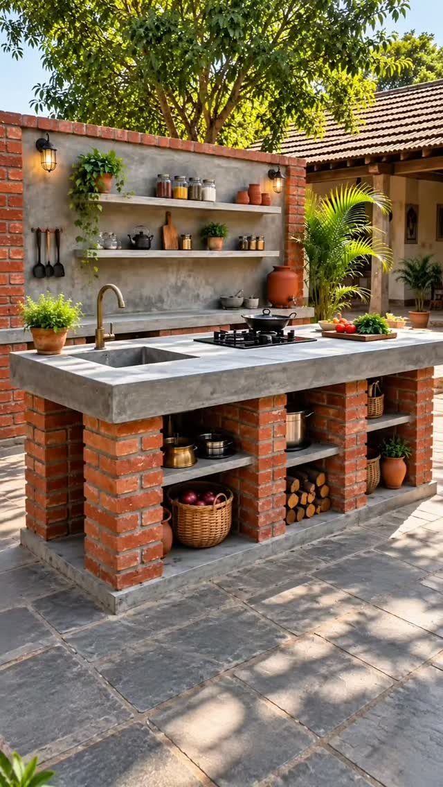 A concrete and brick outdoor kitchen island featuring a sink, stove, and open storage shelves.