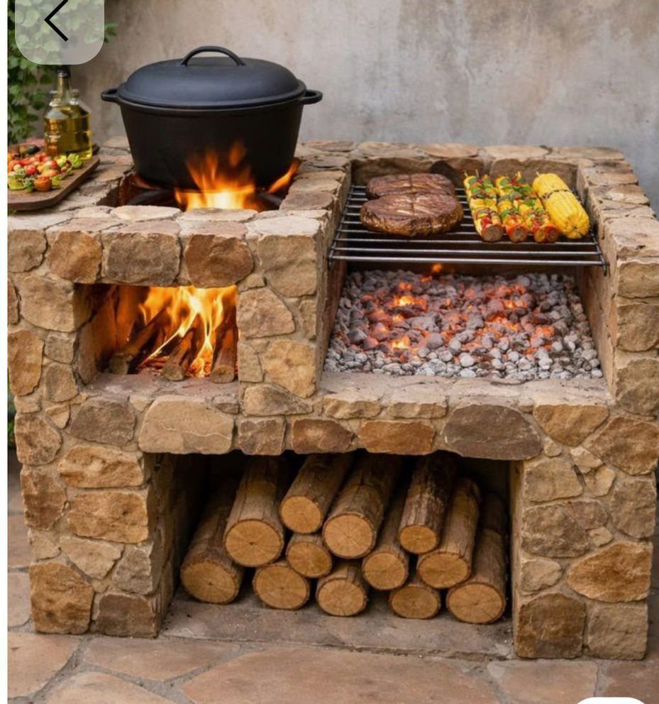 Stone outdoor cooking station with a wood fire pot and a grill over hot coals.