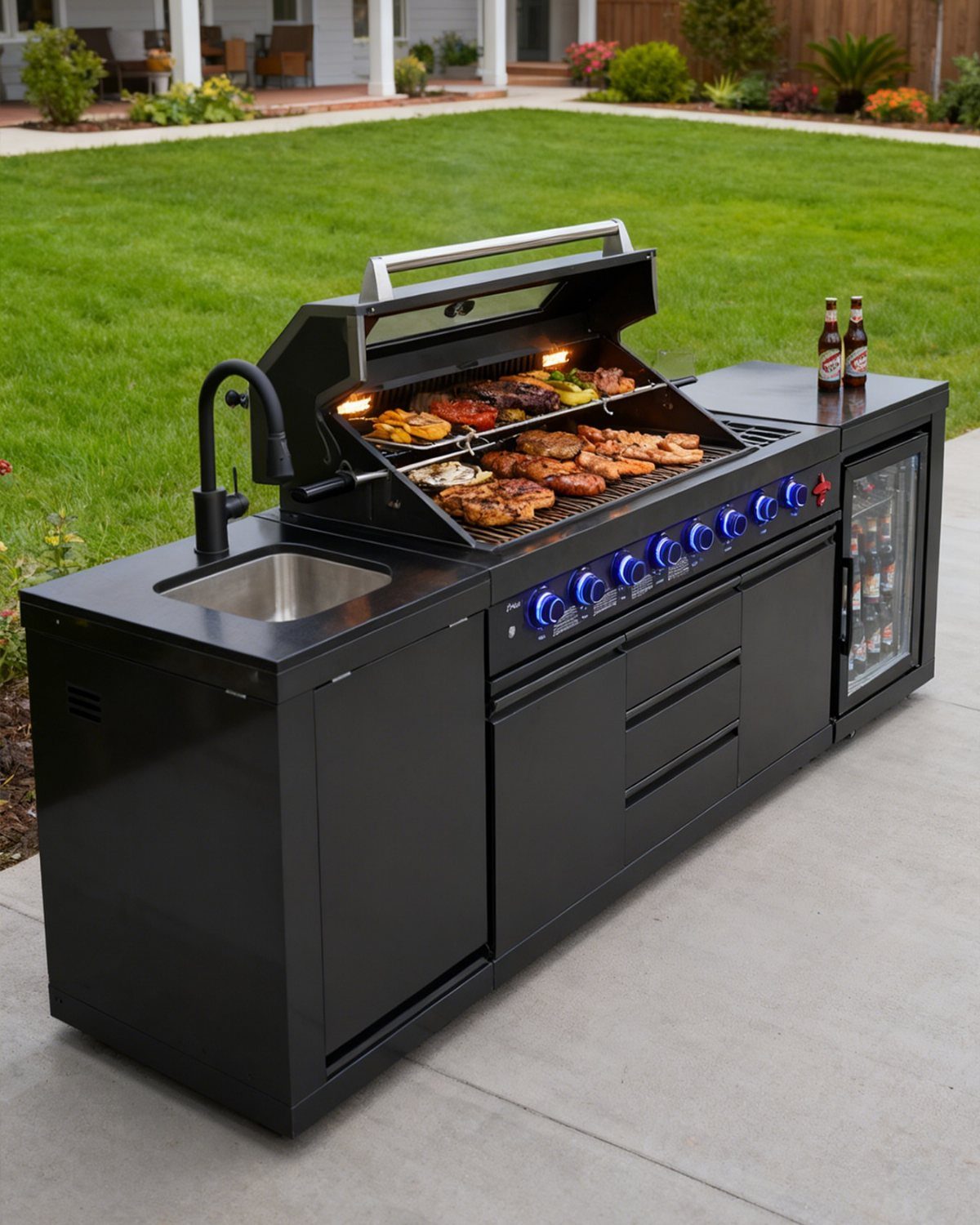 A black modular outdoor kitchen with a grill, sink, and refrigerator on a patio.