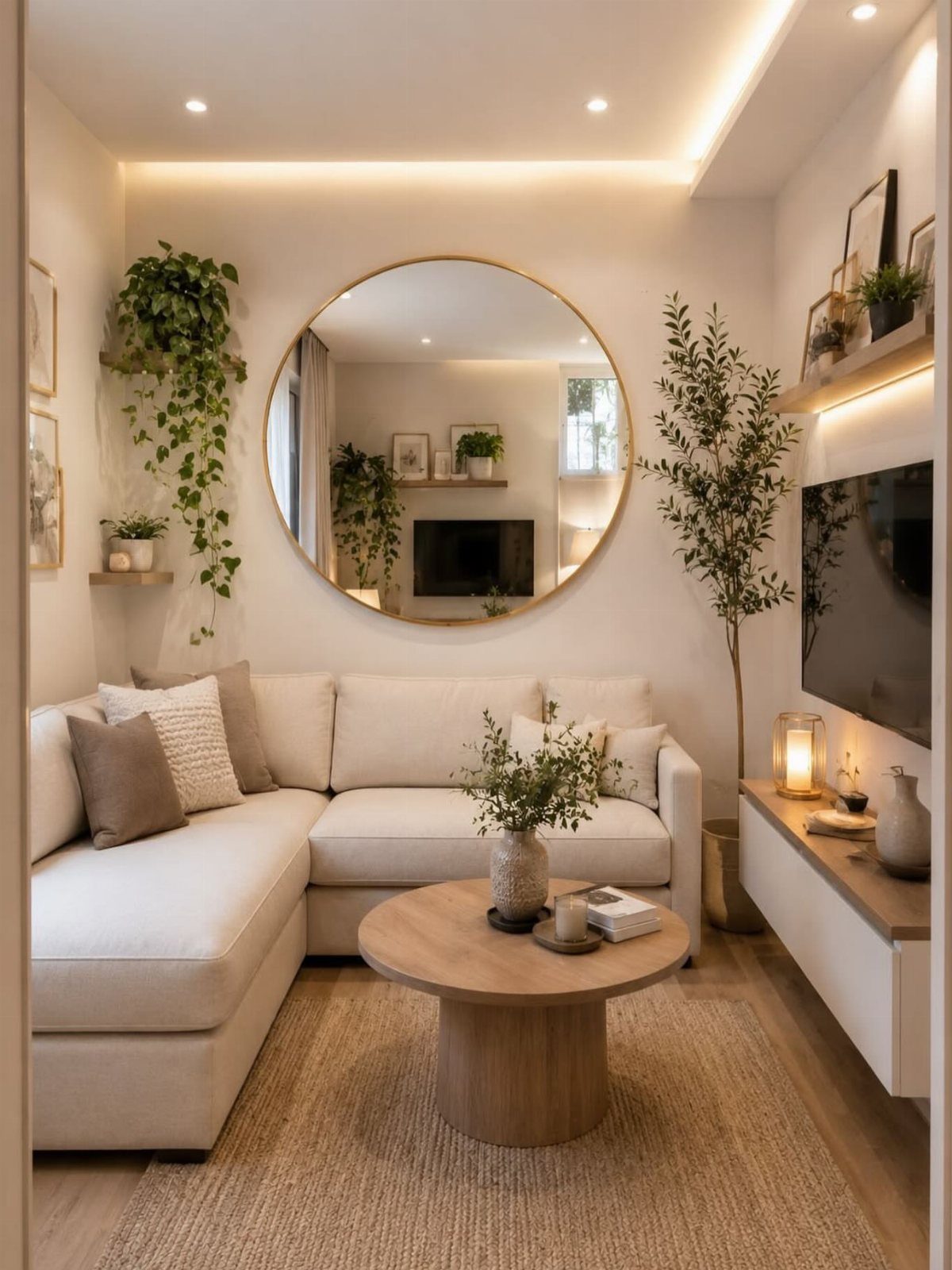 Green potted plants arranged around a white sofa and a round wooden coffee table in a bright living room.