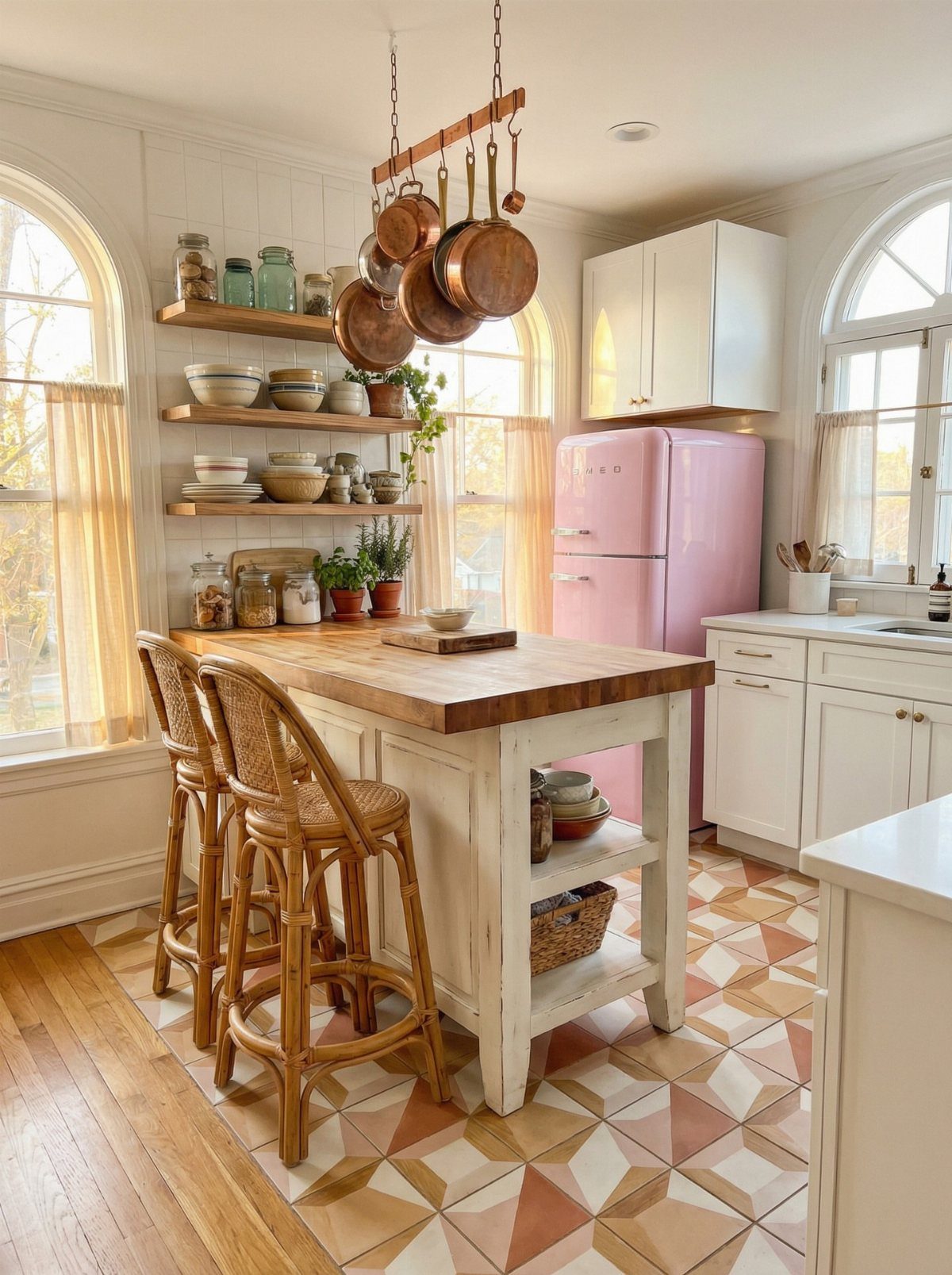 A wooden butcher block kitchen island with rattan stools in a bright, retro-style kitchen.