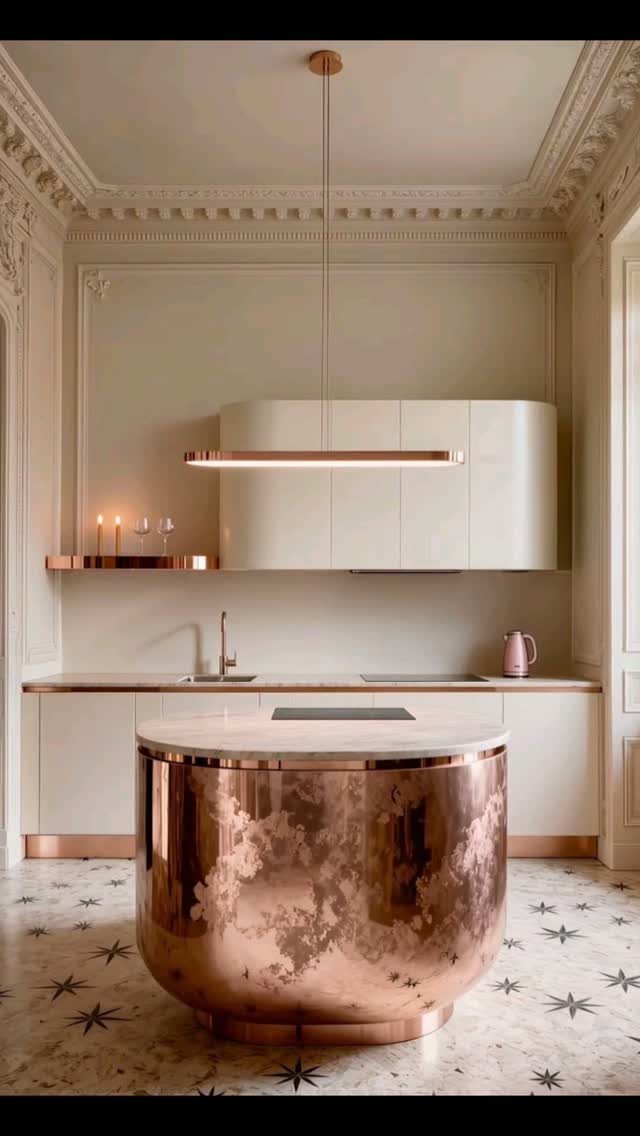 A curved copper kitchen island with a white marble top in a minimalist cream kitchen.