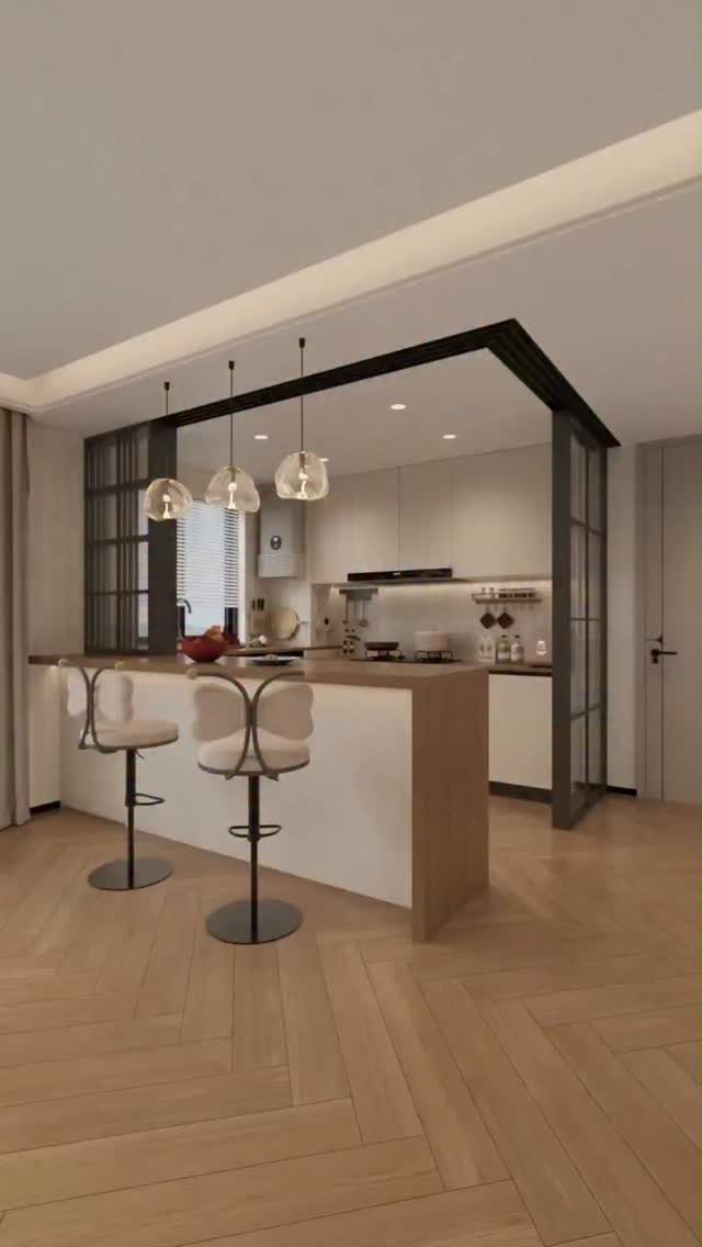 A modern kitchen island with a light wood countertop and two white bar stools.