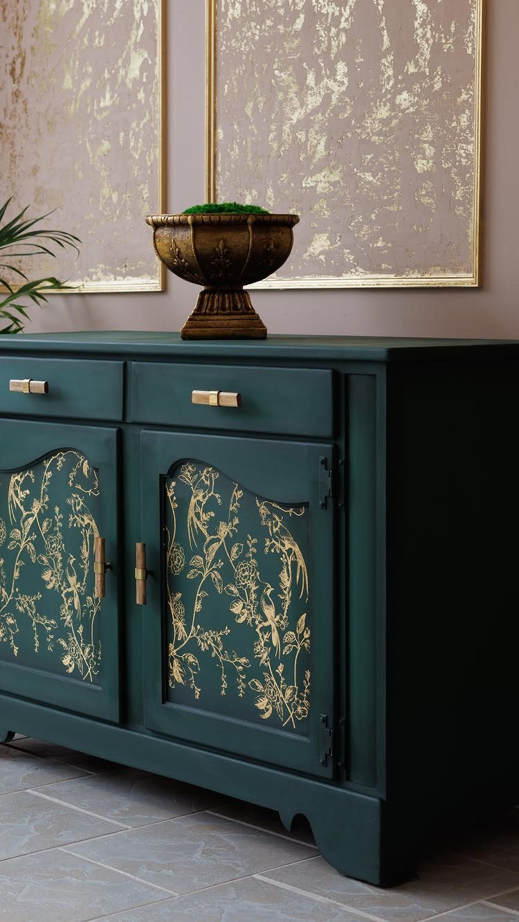 A dark teal sideboard cabinet with ornate gold floral patterns on its doors.