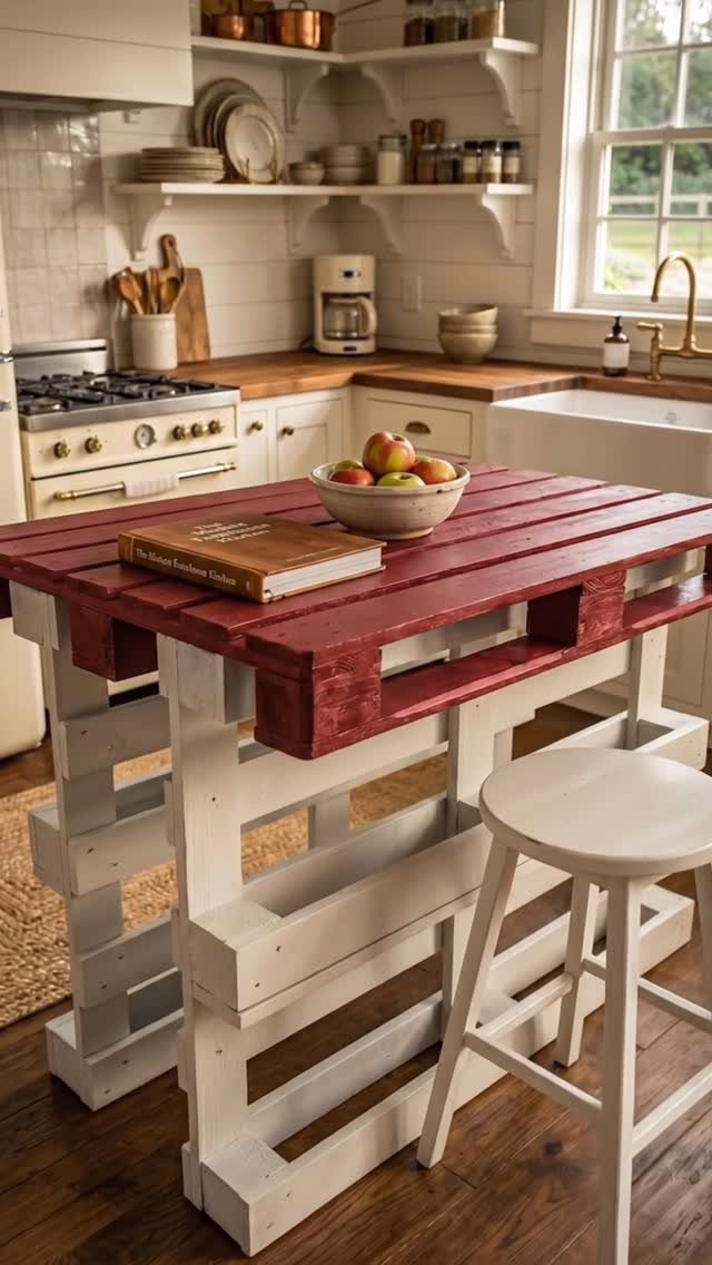 A kitchen island constructed from white and red painted wooden pallets with a white stool.