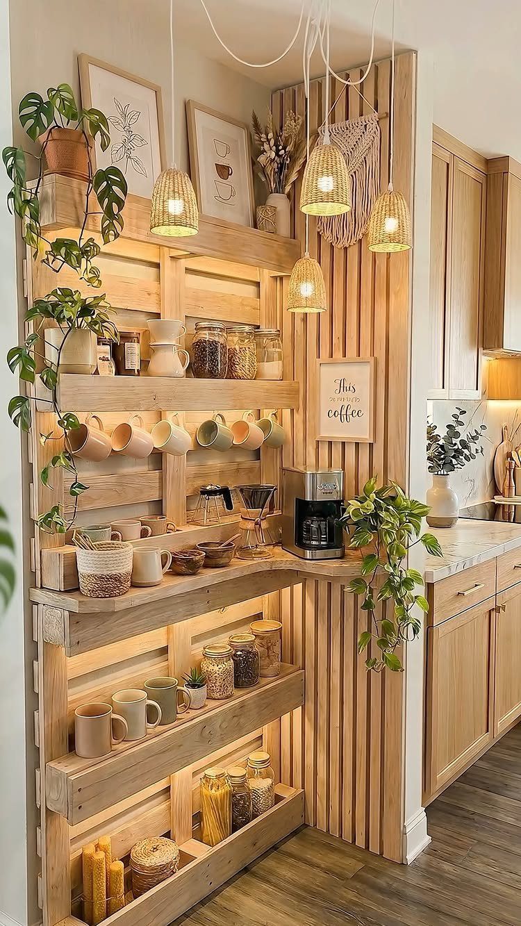 Wooden pallet shelving unit in a kitchen holding coffee supplies, jars, and green plants.