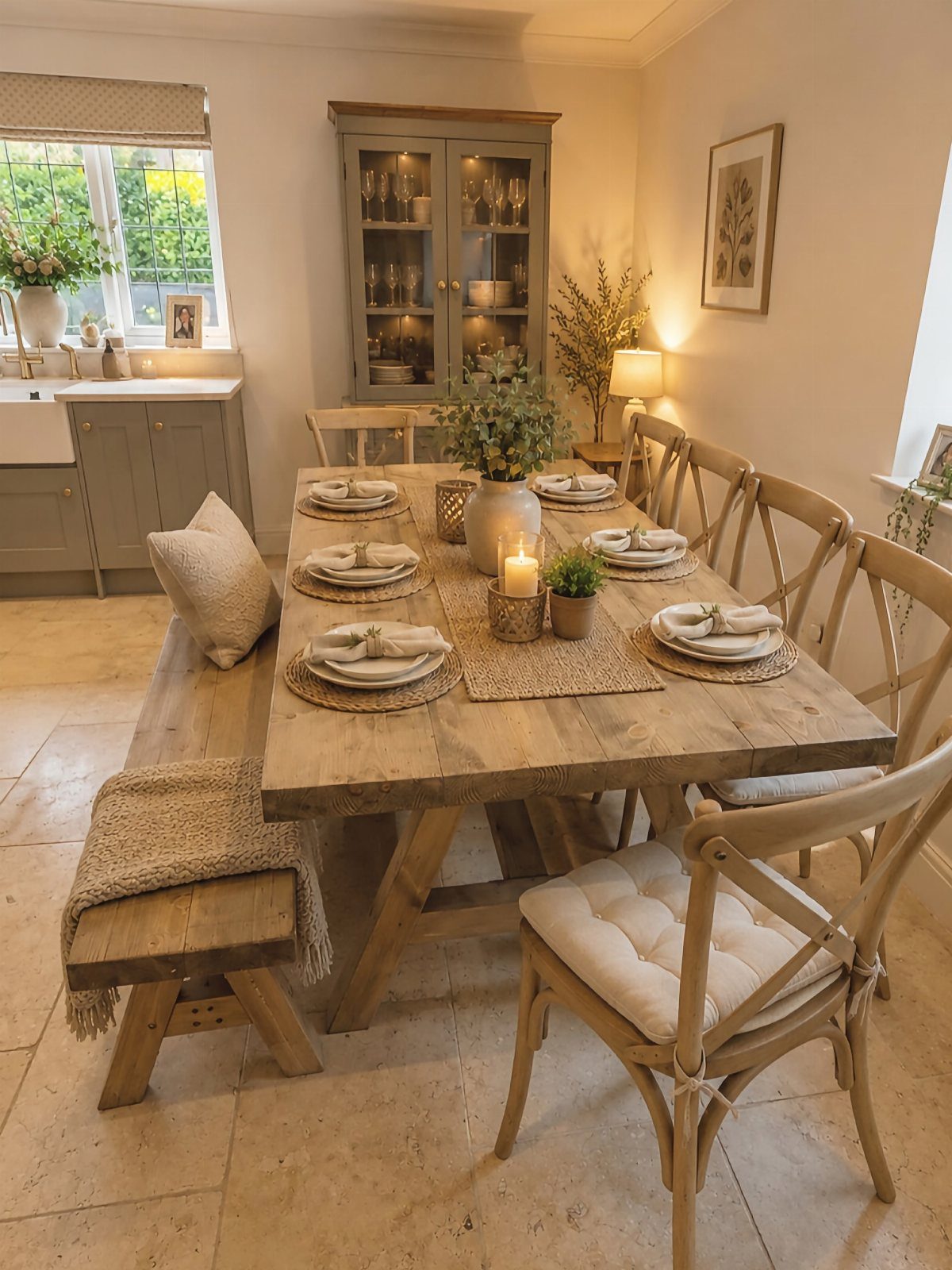 A large wooden farmhouse table set with plates and candles in a bright kitchen.