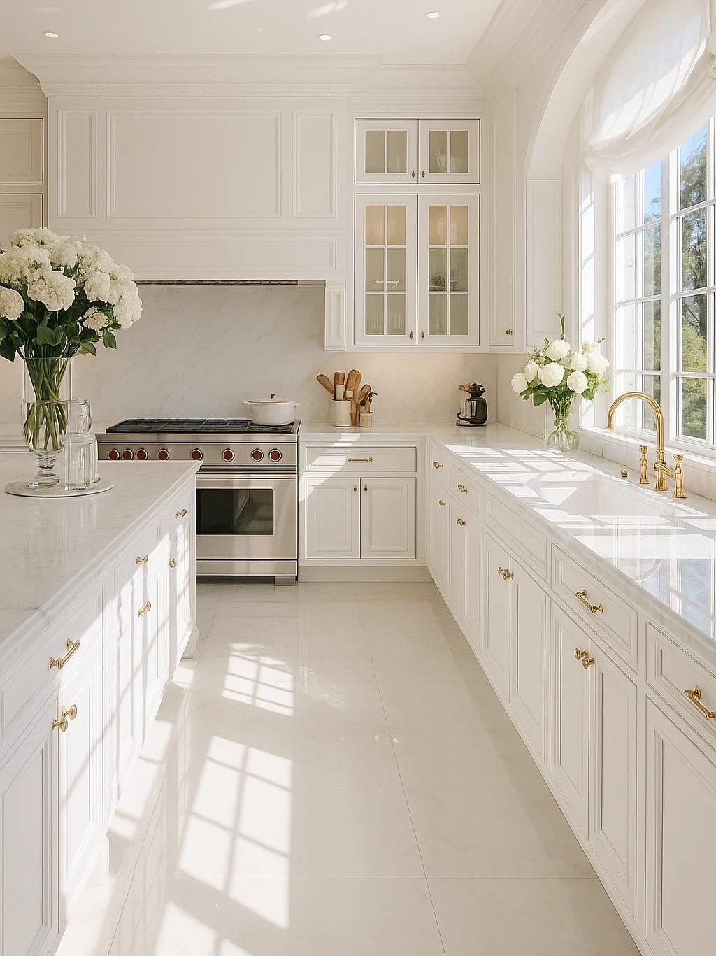 White farmhouse kitchen with marble countertops, shaker cabinets, and glass cabinet doors displaying glassware.