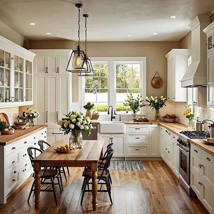 A bright farmhouse kitchen with white cabinets, wooden countertops, and large windows overlooking greenery.