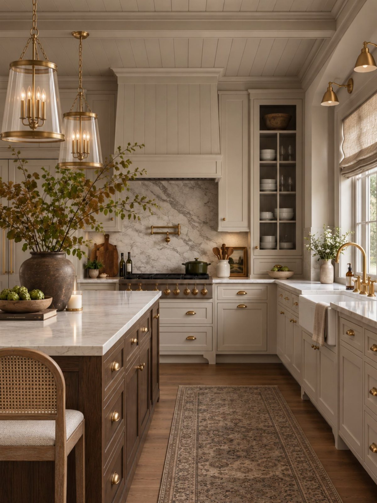 Two large brass and glass pendant lights hanging over a marble kitchen island.