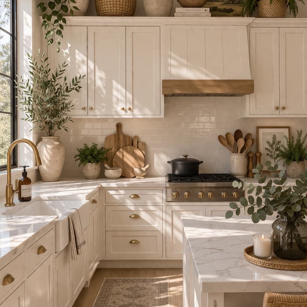 Sunlit white farmhouse kitchen with marble countertops, shaker cabinets, and wooden accents.
