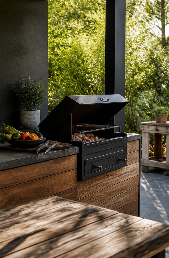 Built-in charcoal grill with glowing embers and fresh vegetables nearby.