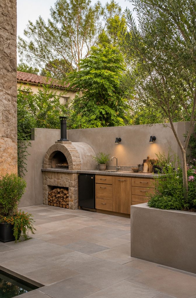Linear outdoor kitchen layout under 8 feet with a grill and prep area.