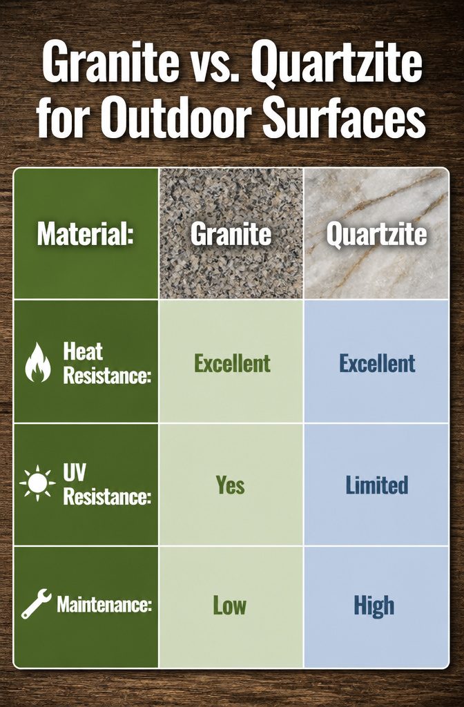 Comparison of granite and quartzite materials for outdoor surfaces.