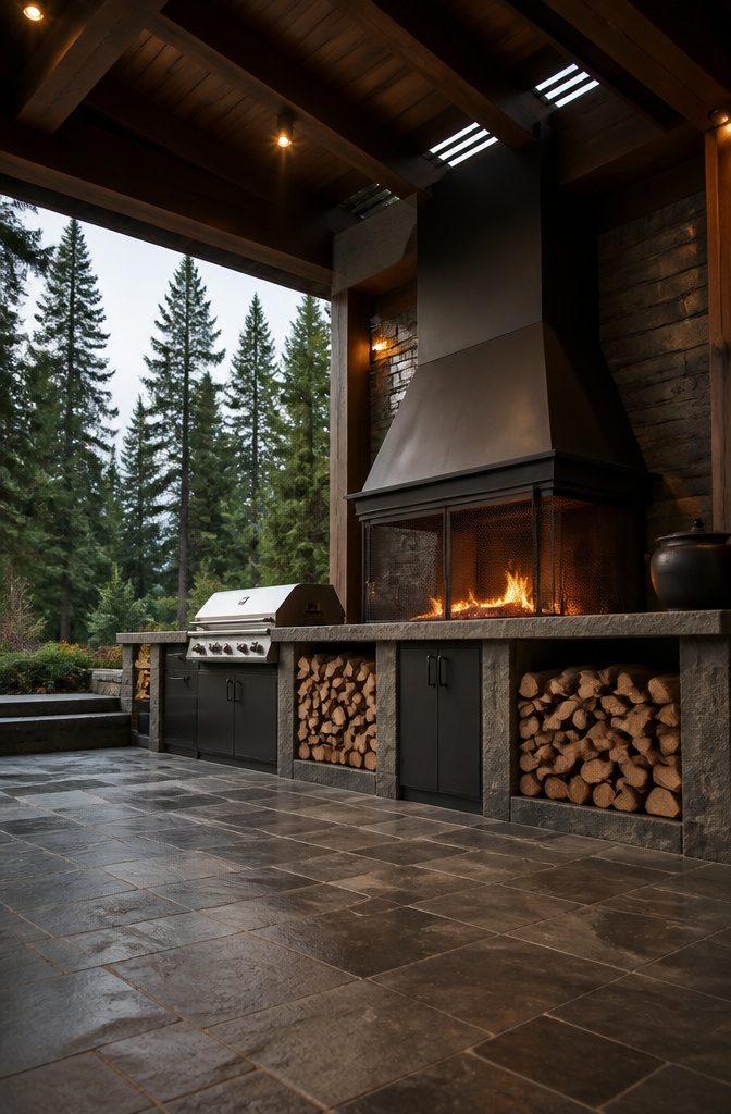 Wood fire outdoor kitchen with a solid roof for weather protection.
