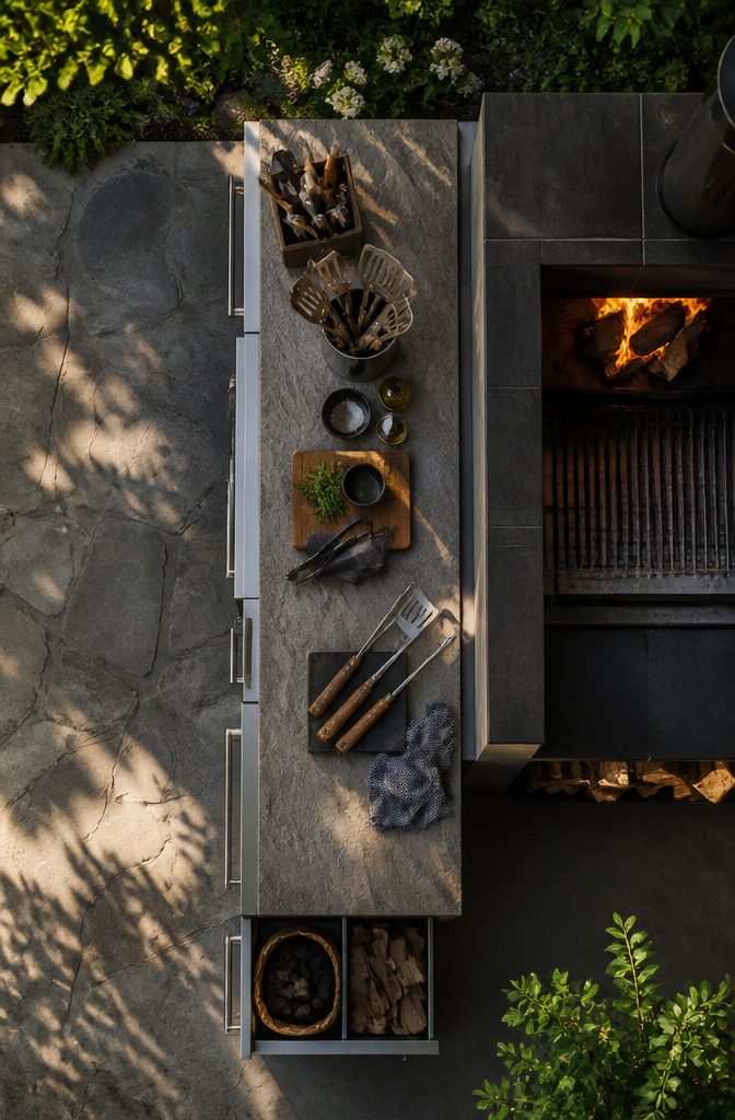 Outdoor kitchen featuring 24-inch cabinets for storage near the cooking area.